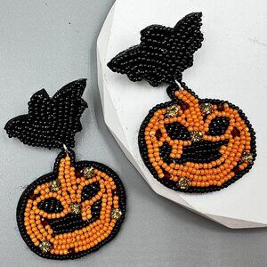 Crystal Rhinestone Accent Jack-O-Lantern Pumpkin Bat Topped Halloween Earrings